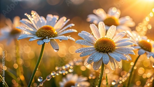 Macro photography of dewy chamomile flowers in glowing morning light, close-up against a natural background