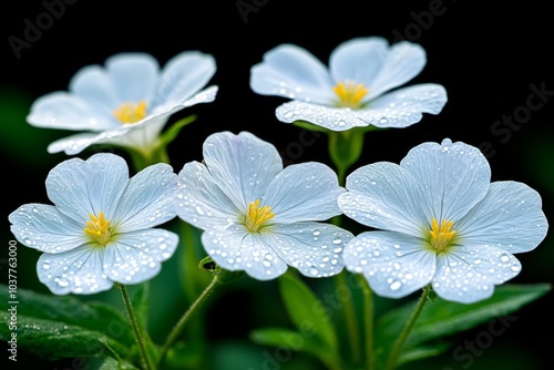 Silene Latifolia (White Campion) flowers glowing in the soft morning light, with dew droplets shimmering on the petals photo