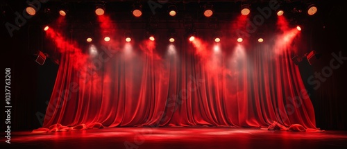 Theatre stage red curtain with spotlights
