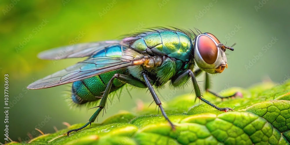 Macro shot of a Lucilia sericata fly resting on a green leaf Macro shot of a Lucilia sericata fly resting on a green leaf