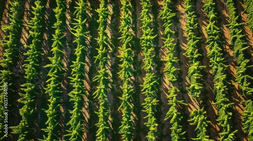 Aerial View of Lush Green Rows of Plants