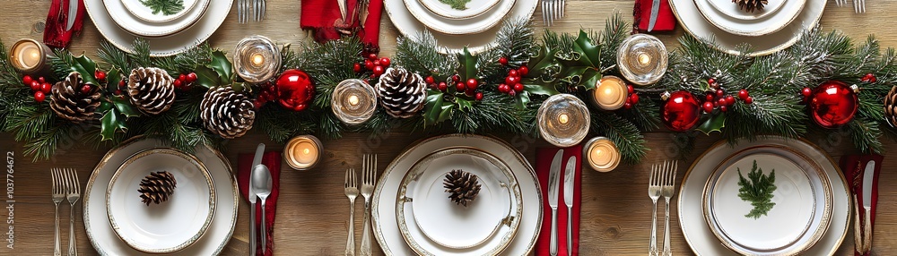 Festive Christmas Table Setting with Pine, Holly, and Candles Festive Christmas Table Setting with Pine, Holly, and Candles