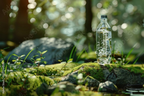 A sleek water bottle rests amid the dense forest, representing the purity of untouched drinking water.