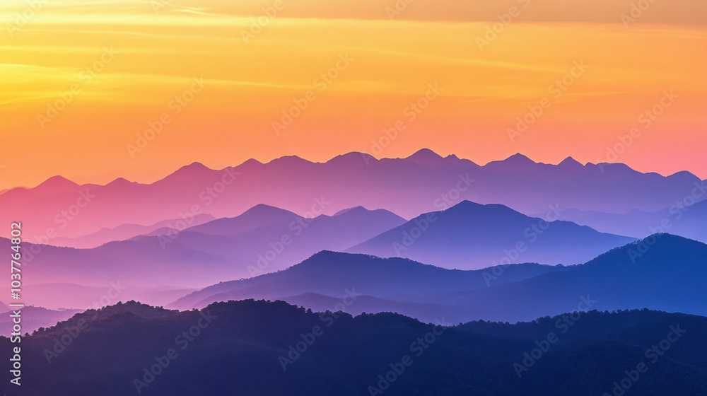 Fototapeta premium Serene mountain landscape at sunset with layered hues.