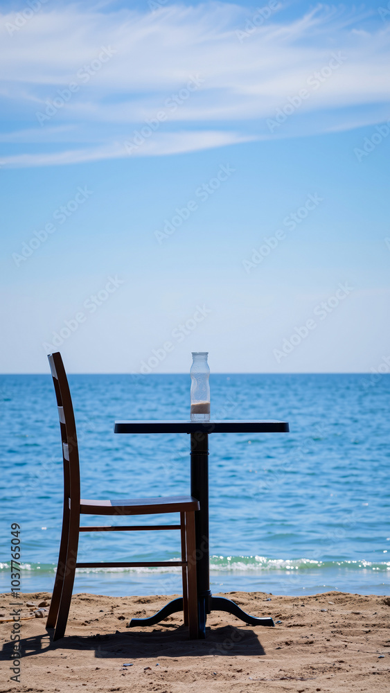solitary chair table on a sandy beach overlook the vast blue ocean solitary chair table on a sandy beach overlook the vast blue ocean