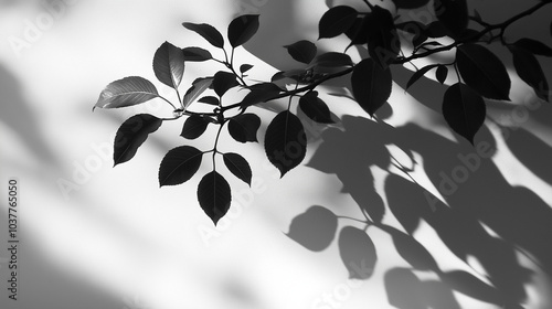 branch with leaves, shadow on the wall, sunlight through trea leaves photo