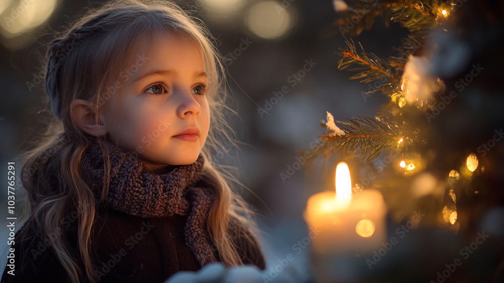 A young girl admiring festive lights by a candle during Advent on a wintry day A young girl admiring festive lights by a candle during Advent on a wintry day