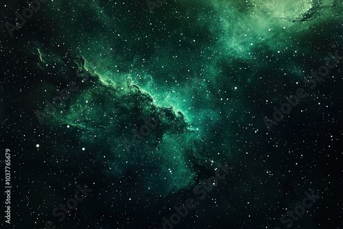 Stunning depiction of a dark green galaxy nebula, scattered with stars, providing a deep space cosmic feel.