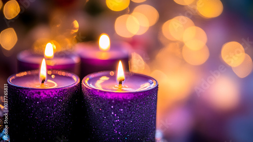 Advent candles lit on a festive table surrounded by warm glowing lights in celebration of Christmas