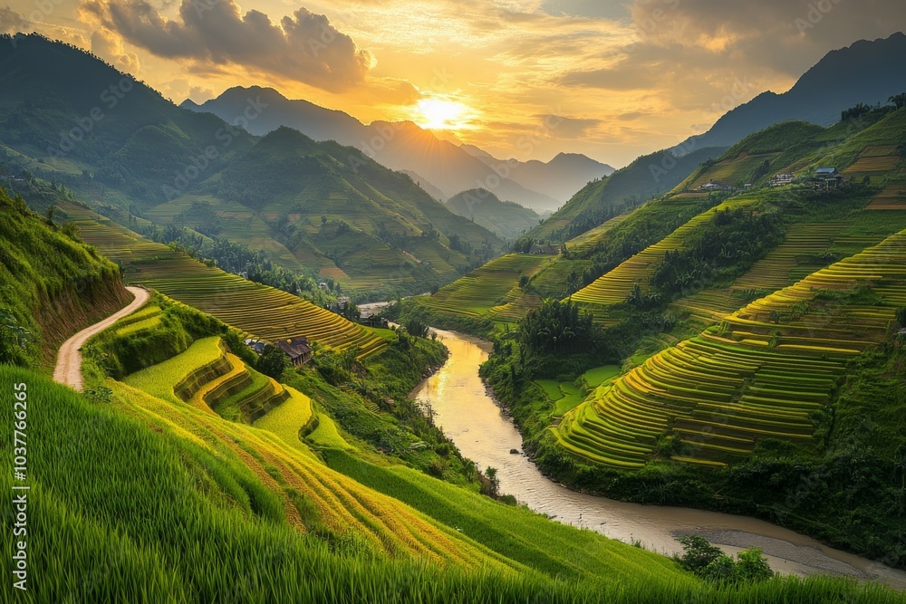 Rice Terraces in the Mountains and Hilltop, Countryside Serenity Landscape, Grain Produce in Food Chain Rice Terraces in the Mountains and Hilltop, Countryside Serenity Landscape, Grain Produce in Food Chain