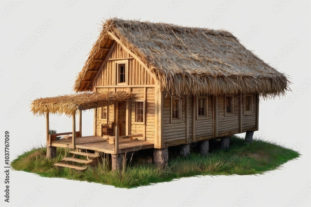 A simple straw house with a sloped roof and small windows, made of woven thatch and straw bundles, on a transparent background. A simple straw house with a sloped roof and small windows, made of woven thatch and straw bundles, on a transparent background.