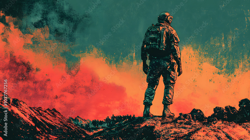 A lone soldier in tactical gear standing on rugged terrain, overlooking a dramatic, fiery landscape, representing courage and determination in the face of overwhelming odds. A lone soldier in tactical gear standing on rugged terrain, overlooking a dramatic, fiery landscape, representing courage and determination in the face of overwhelming odds.