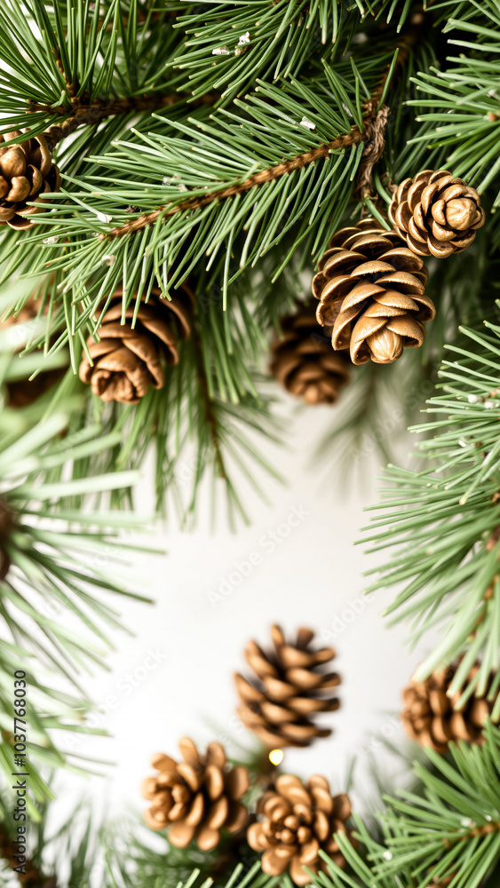 close- view a pine branch decorated with brown cones close- view a pine branch decorated with brown cones