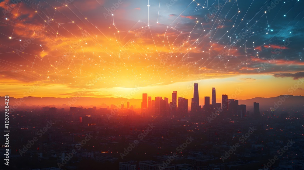 Lines and dots as wireless connection technology icons in the sky over city at sunset. Lines and dots as wireless connection technology icons in the sky over city at sunset.
