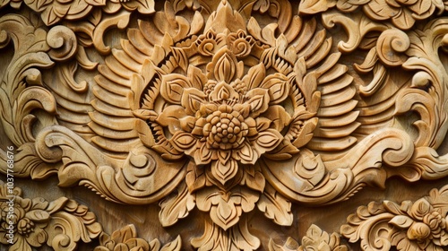 Intricate Thai Wood Carving with Floral Design