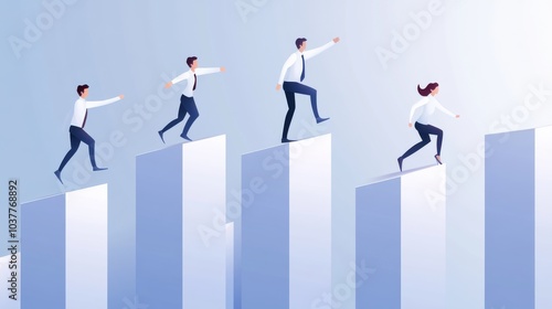 A conceptual image of business success, showcasing professionals climbing upward on bar graphs representing growth and achievement. photo