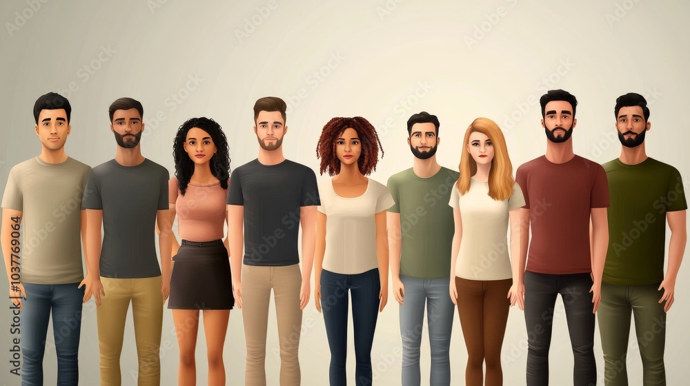 Fototapeta premium A diverse group of animated characters standing together, showcasing different hairstyles and outfits with a neutral background.