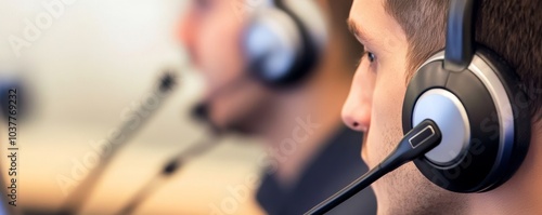 A focused individual wearing a headset, engaged in a professional setting, ideal for showcasing customer service or tech support. photo