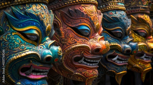 Colorful Thai Ceremonial Masks in Stunning Display