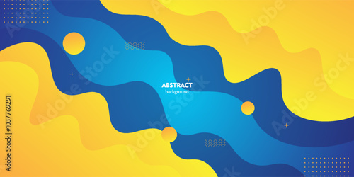 Yellow geometric wave business banner design. Colorful creative banner design with wave shapes and lines on bright blue background. Simple horizontal banner.