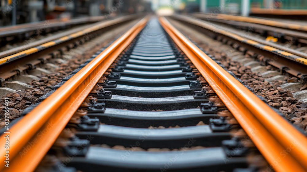 image showcases close up view of railway tracks, emphasizing orange colored rails and gravel image showcases close up view of railway tracks, emphasizing orange colored rails and gravel