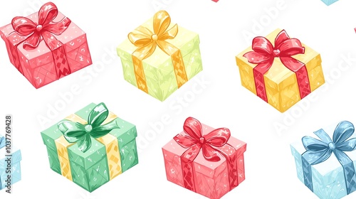 Colorful gift boxes with bows seamless pattern, festive wrapping paper style