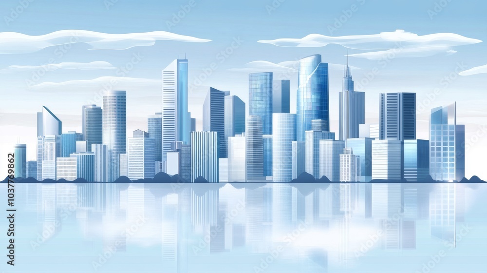 Fototapeta premium A modern city skyline with reflective glass buildings against a clear blue sky, symbolizing urban development and progress.