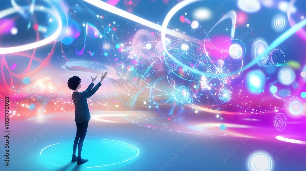 A person interacts with vibrant lights and colors, creating a magical atmosphere filled with digital artistic elements. A person interacts with vibrant lights and colors, creating a magical atmosphere filled with digital artistic elements.