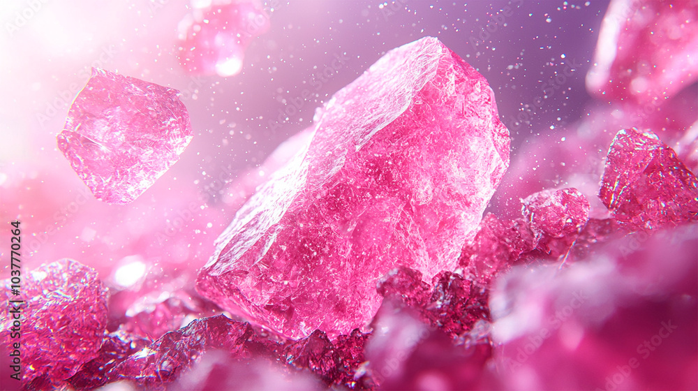 Explosion of flying colorful rocks and crystals with bright light