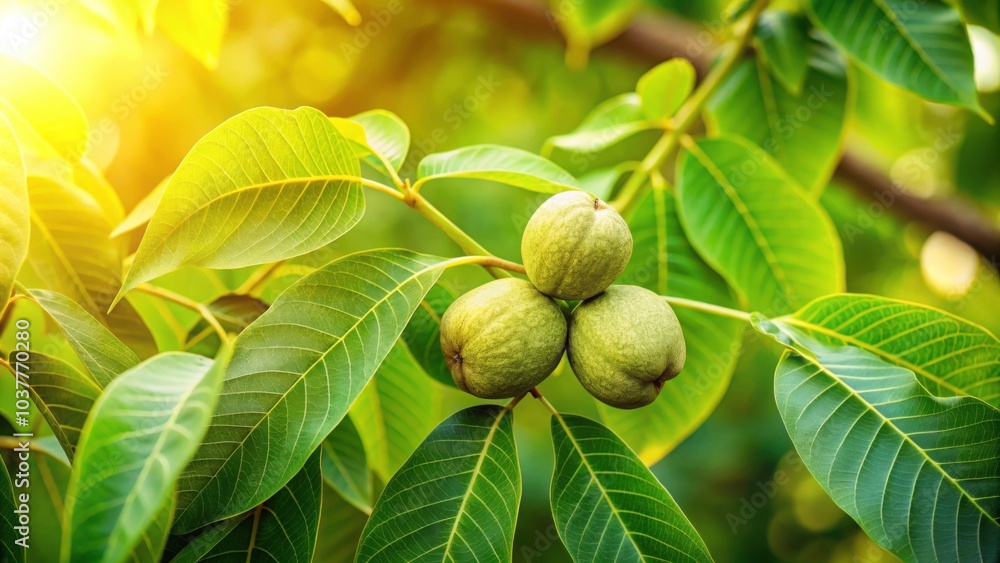 Walnut tree with green leaves and walnuts in shell on branch, walnut, tree, branch, green, leaves, nut, shell, nature Walnut tree with green leaves and walnuts in shell on branch, walnut, tree, branch, green, leaves, nut, shell, nature
