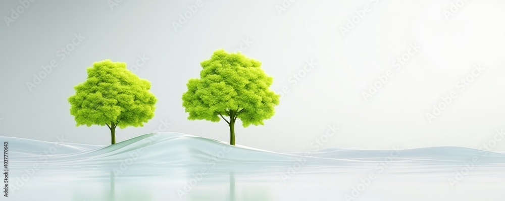 Fototapeta premium A serene landscape featuring two vibrant green trees against a soft, light background, evoking peace and tranquility.