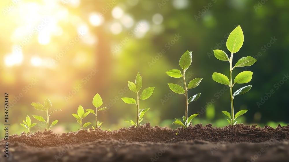 A series of green seedlings growing in rich soil, symbolizing growth and renewal under warm sunlight. A series of green seedlings growing in rich soil, symbolizing growth and renewal under warm sunlight.