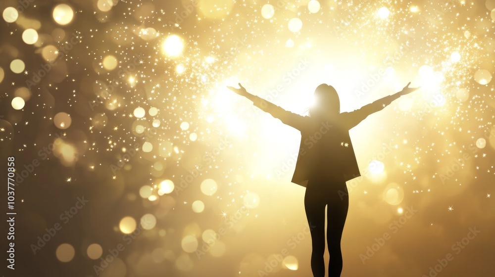 Naklejka premium A silhouette of a person celebrating in front of a bright, sparkling background, symbolizing joy, freedom, and positivity.