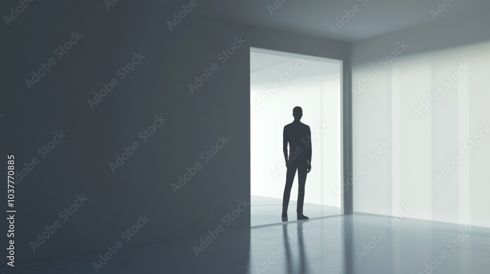 A silhouette of a person standing in a doorway, casting a shadow in a minimalist, modern interior space with soft lighting. A silhouette of a person standing in a doorway, casting a shadow in a minimalist, modern interior space with soft lighting.