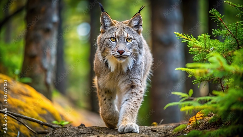 Fototapeta premium majestic Canadian lynx walking through the woods