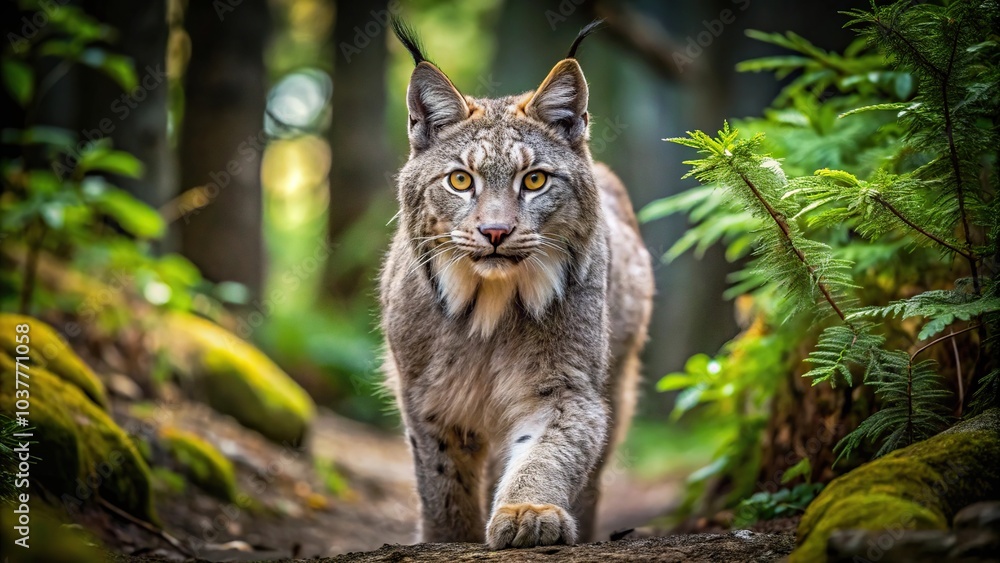majestic Canadian lynx walking through woods from high angle majestic Canadian lynx walking through woods from high angle