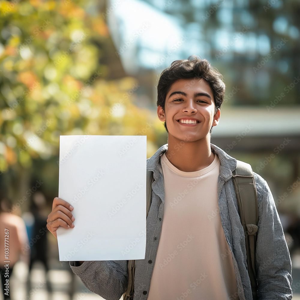 person holding sign, young student holding a white piece of paper, in a free and joyful atmosphere, university student. person holding sign, young student holding a white piece of paper, in a free and joyful atmosphere, university student.