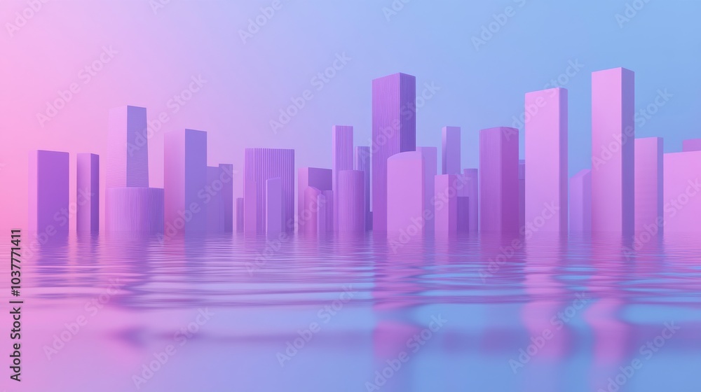 A vibrant city skyline reflected in water, featuring purple and pink hues, creating a dreamy and modern atmosphere. A vibrant city skyline reflected in water, featuring purple and pink hues, creating a dreamy and modern atmosphere.
