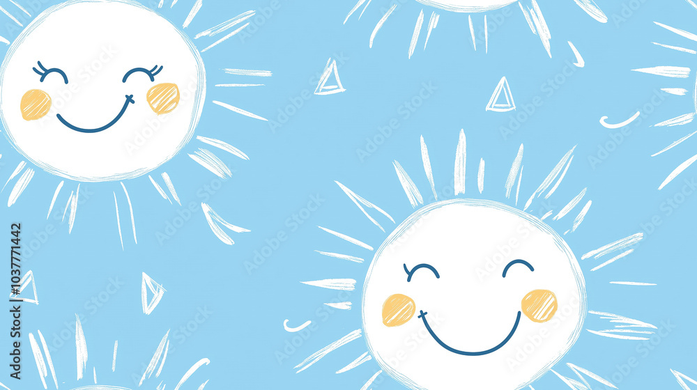 Fototapeta premium Seamless pattern with cute smiling suns on blue background