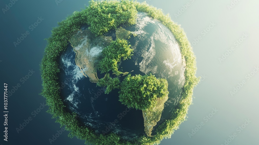 Fototapeta premium A vibrant depiction of Earth surrounded by lush greenery, symbolizing nature, sustainability, and environmental harmony.