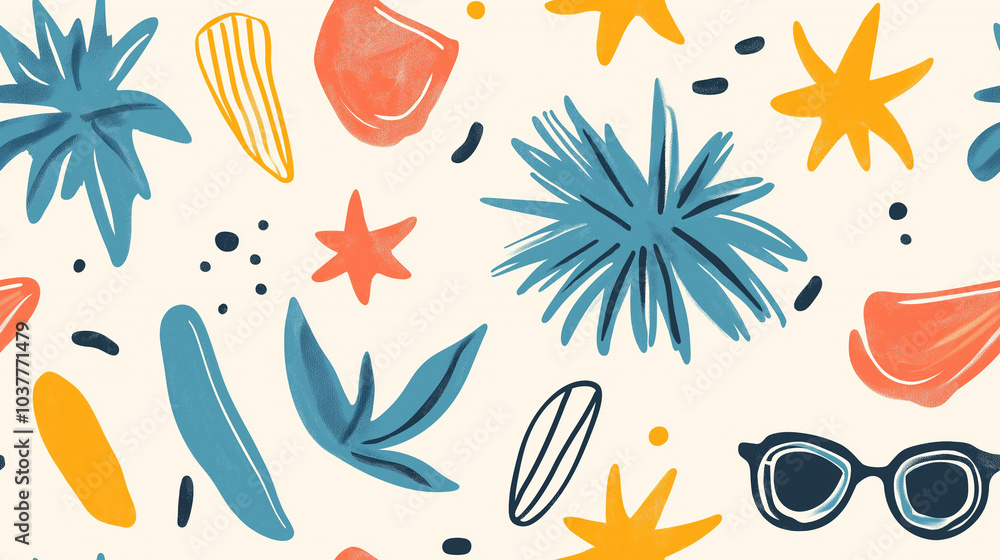 Fototapeta premium Summer Vibes Seamless Pattern, Tropical Leaves, Stars, Sunglasses, and Abstract Shapes