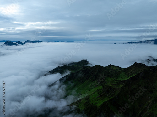 Aerial view of beautiful high altitude grassland mountain landscape