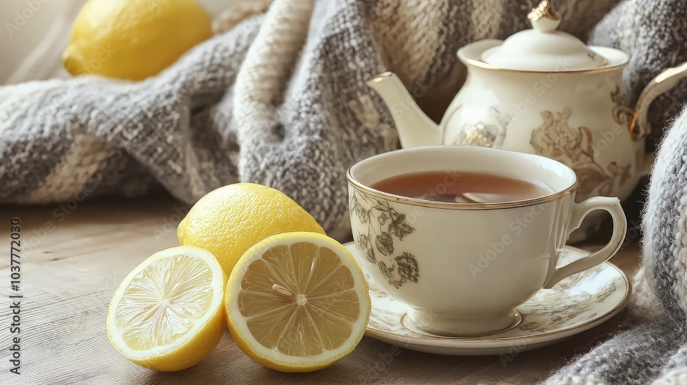 A cup of tea with lemon and a teapot on a wooden table. A cup of tea with lemon and a teapot on a wooden table.