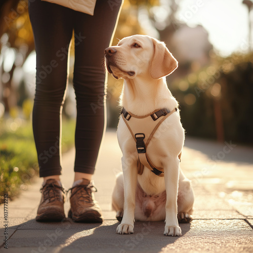 Guide dog sitting beside its blind owner, harness visible, soft daylite highlighting the dog's fur, peaceful and trusting atmosphere, blurred background with a sidewalk and gentle greenery photo