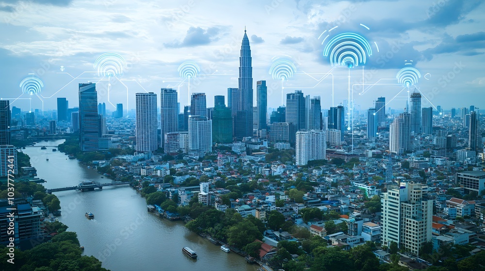 Fototapeta premium Wireless network and Connection technology concept with Abstract Bangkok city background in panorama view.
