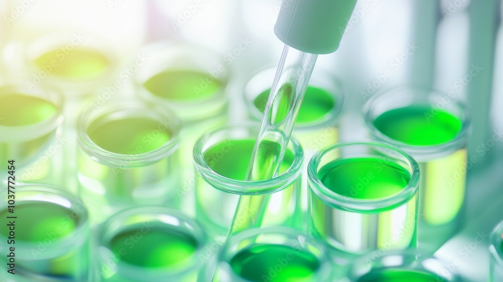 Close-up of a pipette transferring vibrant green liquid into test tubes, symbolizing scientific research and experimentation. Close-up of a pipette transferring vibrant green liquid into test tubes, symbolizing scientific research and experimentation.