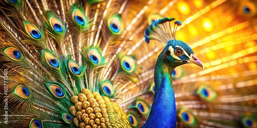 Majestic peacocks showing off their golden feathers from a unique Worm's Eye View angle