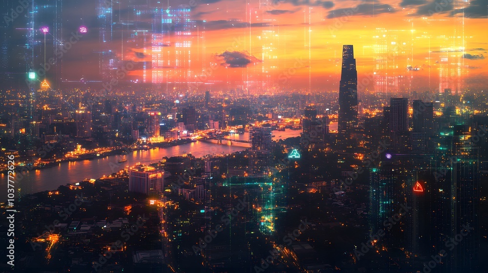 Fototapeta premium Wireless network and Connection technology concept with Abstract Bangkok city background in panorama view. 