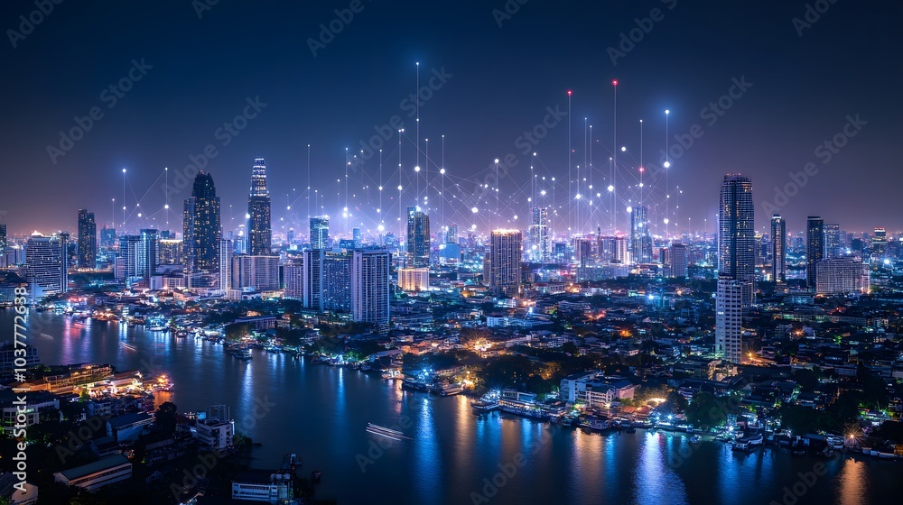 Obraz premium Wireless network and Connection technology concept with Abstract Bangkok city background in panorama view.
