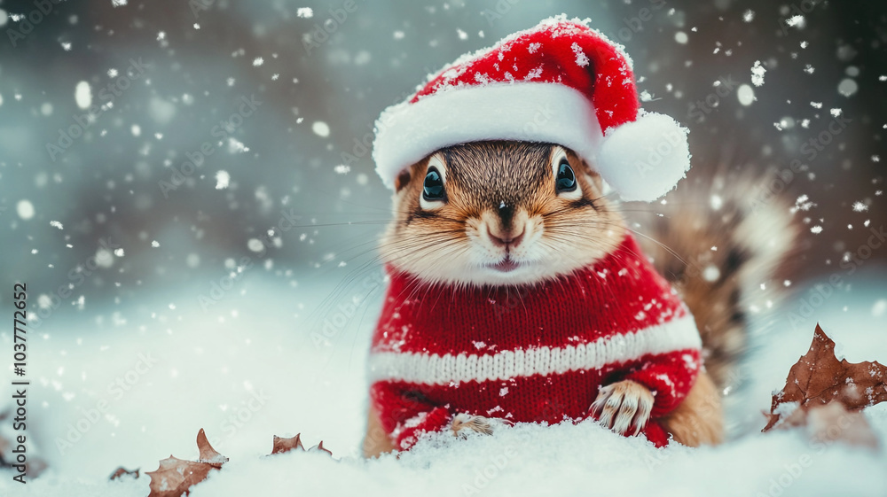 A festive squirrel wearing a Santa hat and red sweater celebrates Advent during Christmas season A festive squirrel wearing a Santa hat and red sweater celebrates Advent during Christmas season